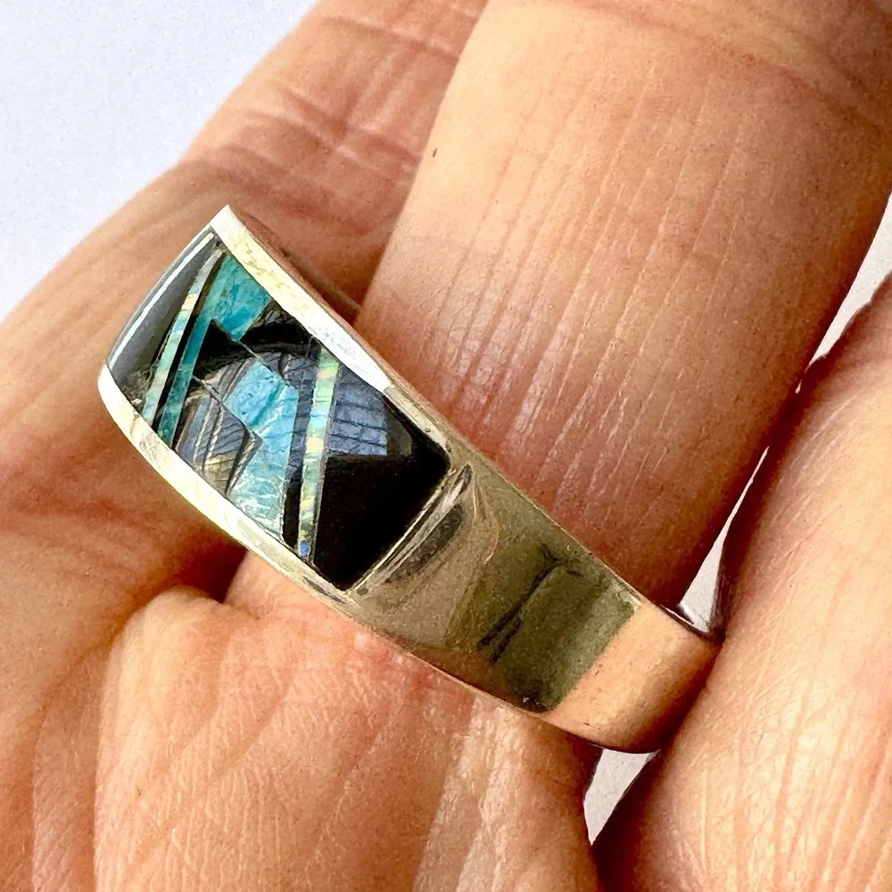 Navajo Inlay Wedding Band Mens Sz 13 Ring Turquoise Opal 9mm Signed AT